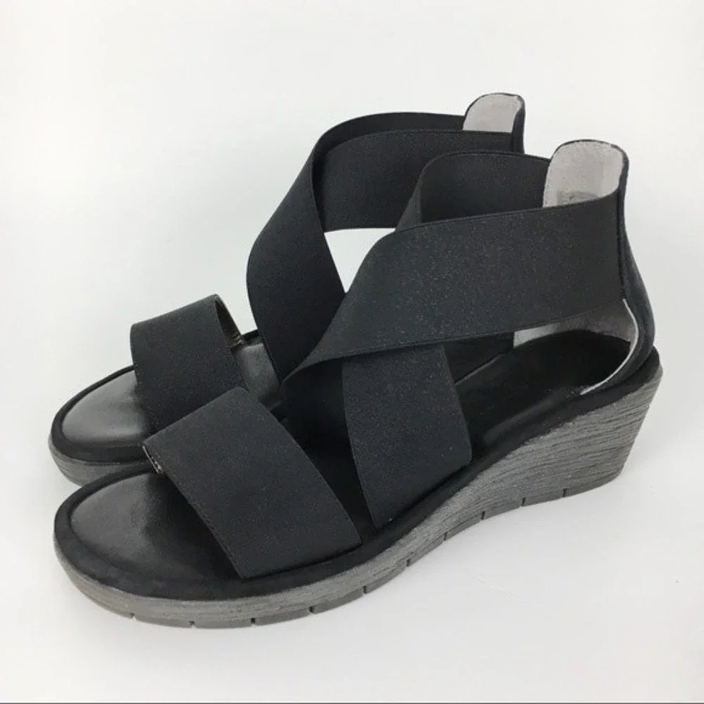 The‎ Flexx Womens Size 6.5 Happy Daze Black Elastic Platform Wedge Sandals Shoes